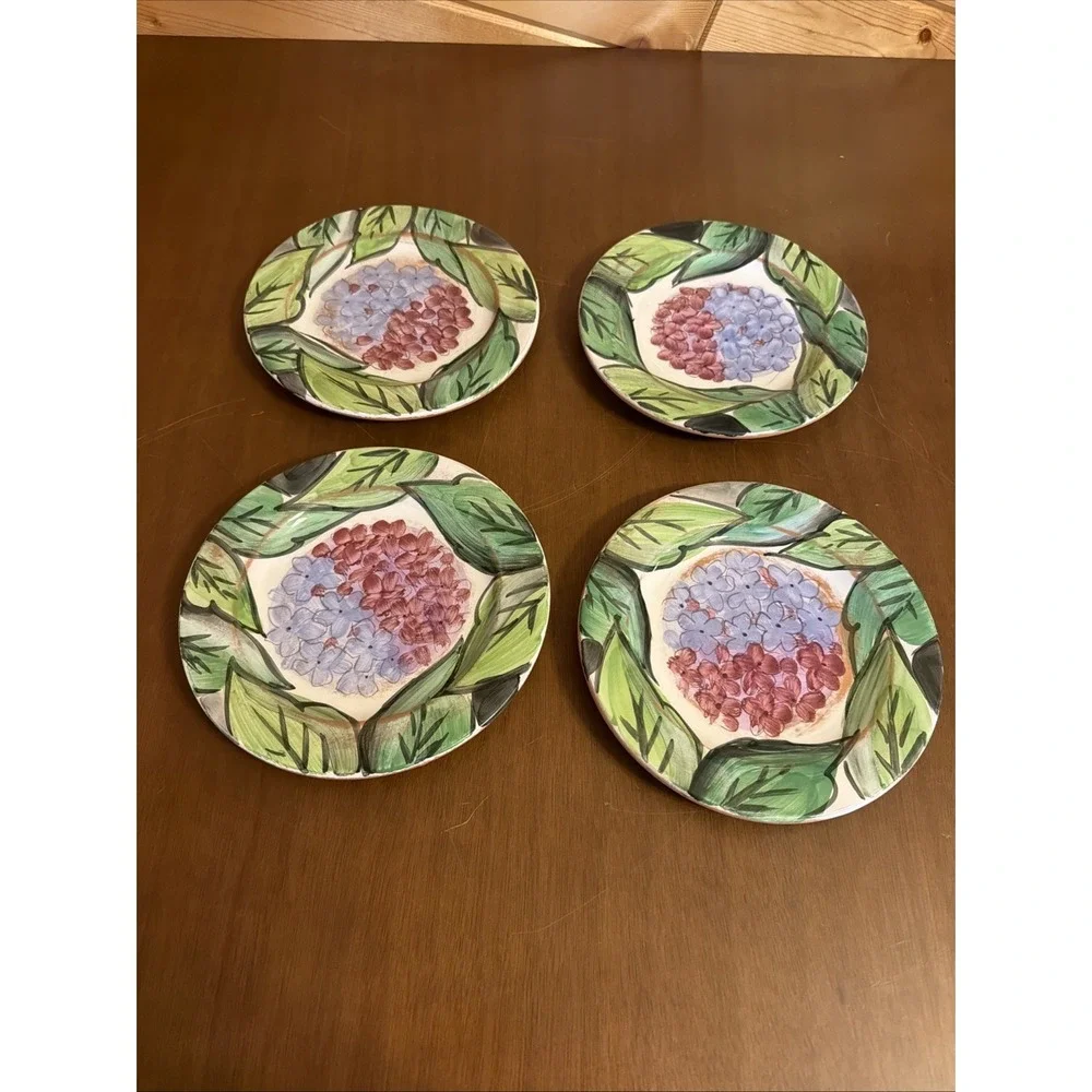 Four Rare Vintage Italian Artist Cristina Fortini Hand Painted Hydrangea Plates